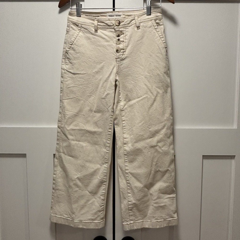 Tribal Jeans Aubrey Mid Rise Wide Leg Capri Button Fly Pants Cream Nwt Size 2